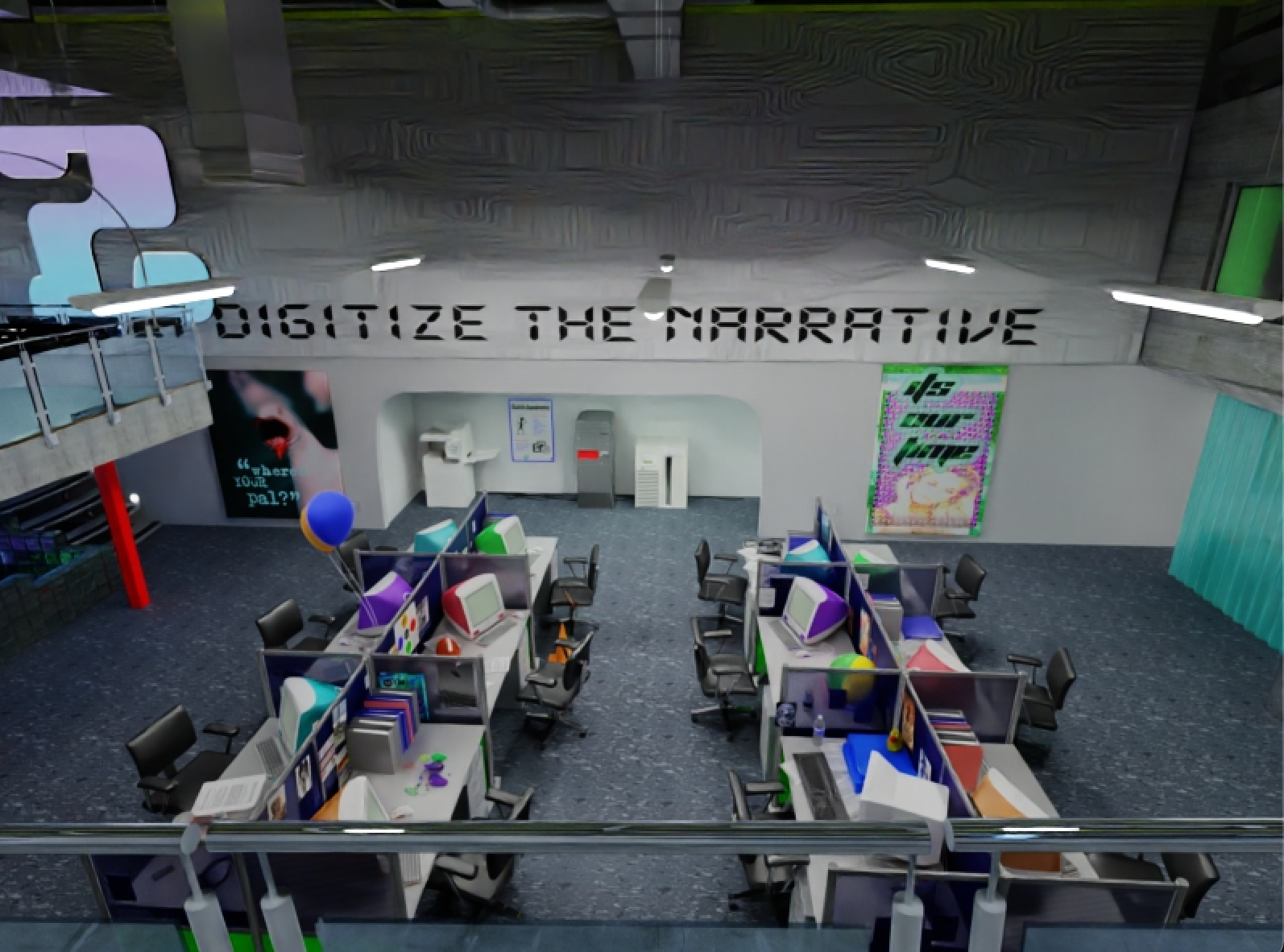 An overhead view within the Zentropy HQ, with a mural in the background that reads "Digitize the narrative".