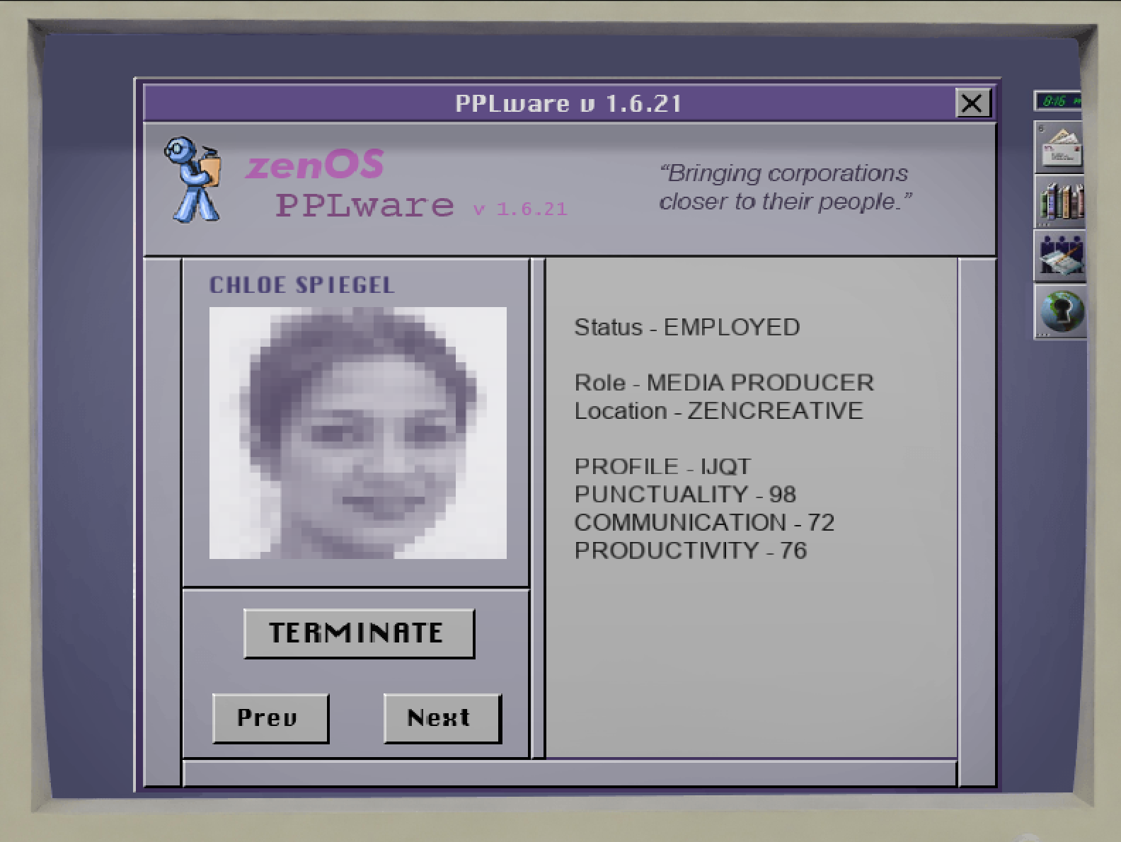 the digital profile of Chloe Spiegel, an employee at Zentropy.