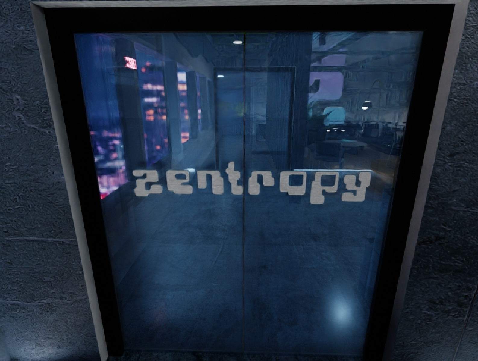 Glass doors that lead to the entrance of the Zentropy multimedia Startup.