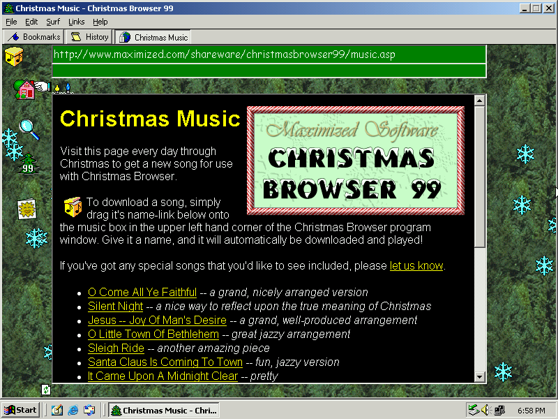 A screenshot of Christmas Browser 99's downloadable MIDI selections