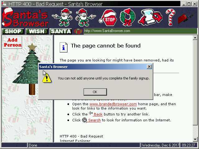 A screenshot from Santa's Browser showing an error message and a 400 page when trying to utlilize the wish list feature